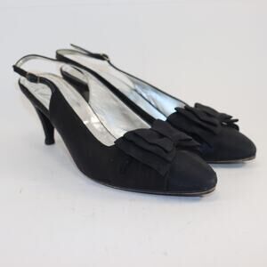 Vintage Garolini Black Satin Slingback‎ Pumps – Size 9.5AA, Bow Detail